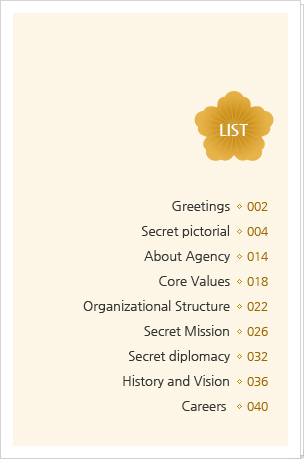 List-Greetings, Secret pictorial, About Agency, Core Values, Organiztional Structure, Secret Mission, Secret diplomacy, history and Vision, Careers